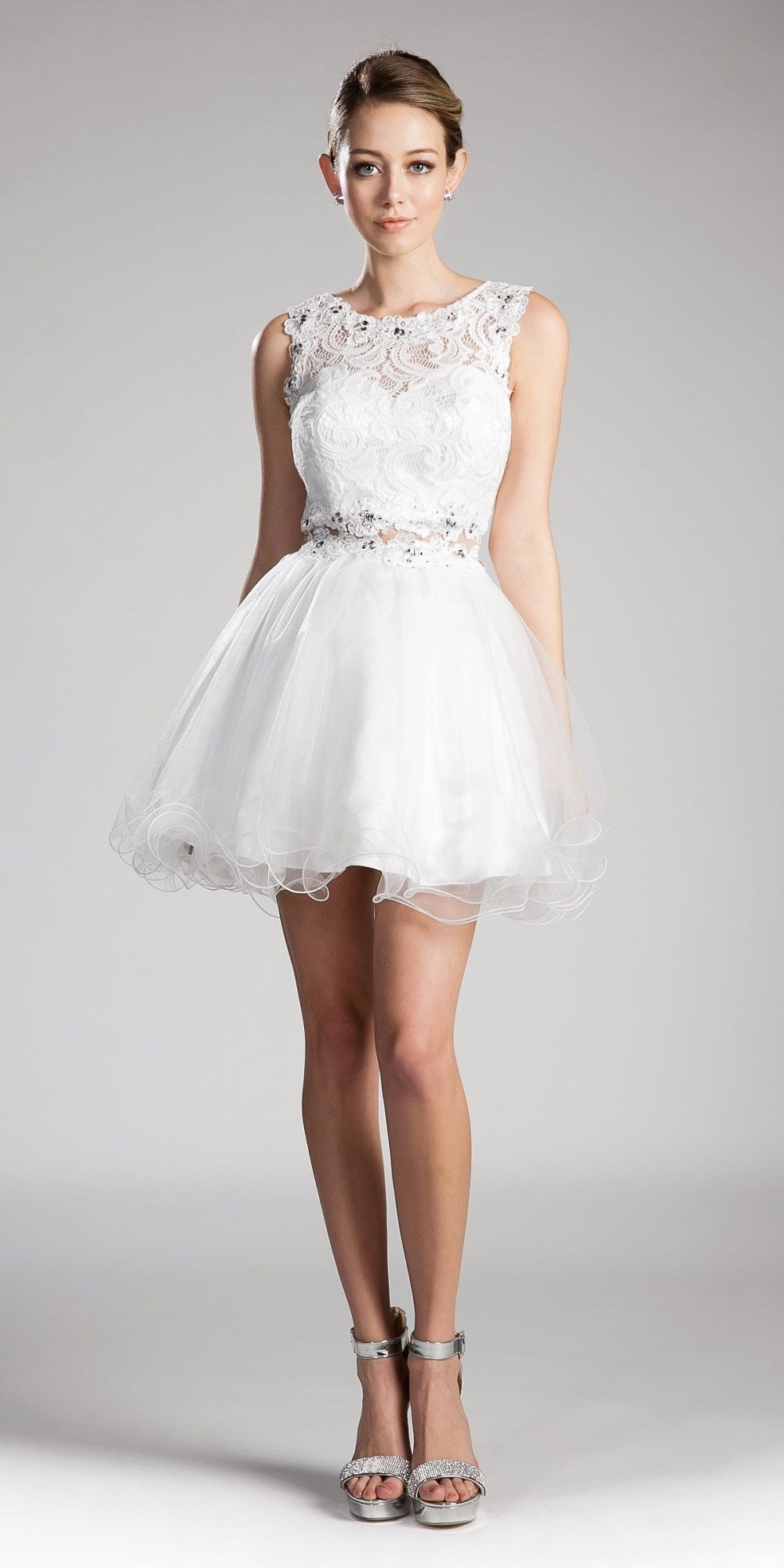 Off-white lace beaded sleeveless short dress with layered tulle skirt