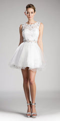 Off-white lace beaded sleeveless short dress, fitted waist, tulle skirt
