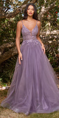 Purple long beaded dress with layered tulle skirt, V-neck spaghetti straps