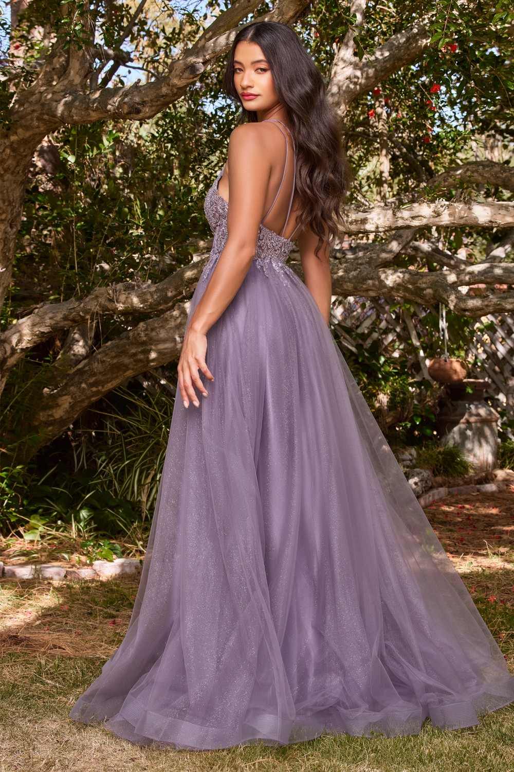 Lavender long beaded dress with layered tulle skirt, V-neck spaghetti straps