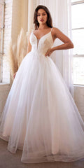 Off-white tulle long dress with beaded appliqué V-neck bodice and spaghetti straps
