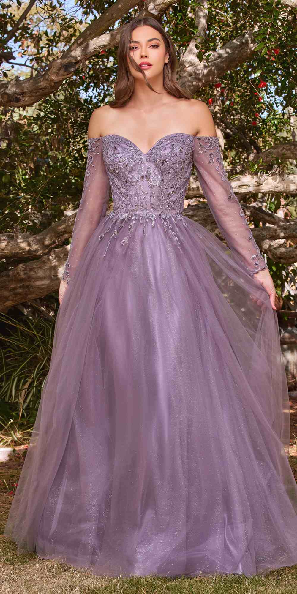 Lavender off-shoulder long sleeve A-line layered tulle gown with glittery corset bodice