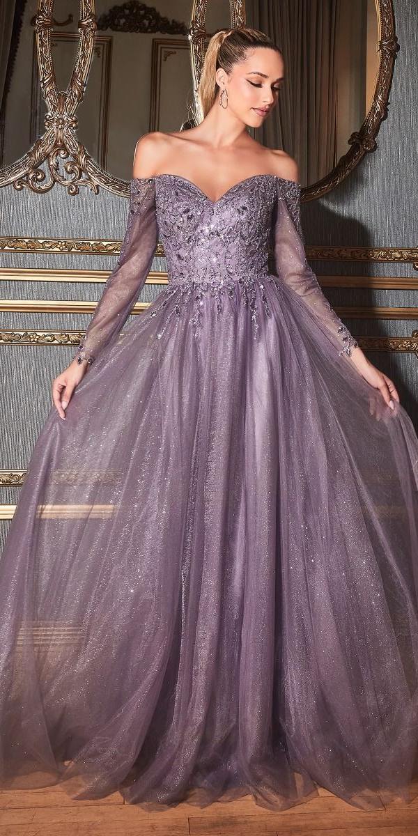 Lavender off-shoulder long sleeve A-line layered tulle gown with sparkling fitted bodice