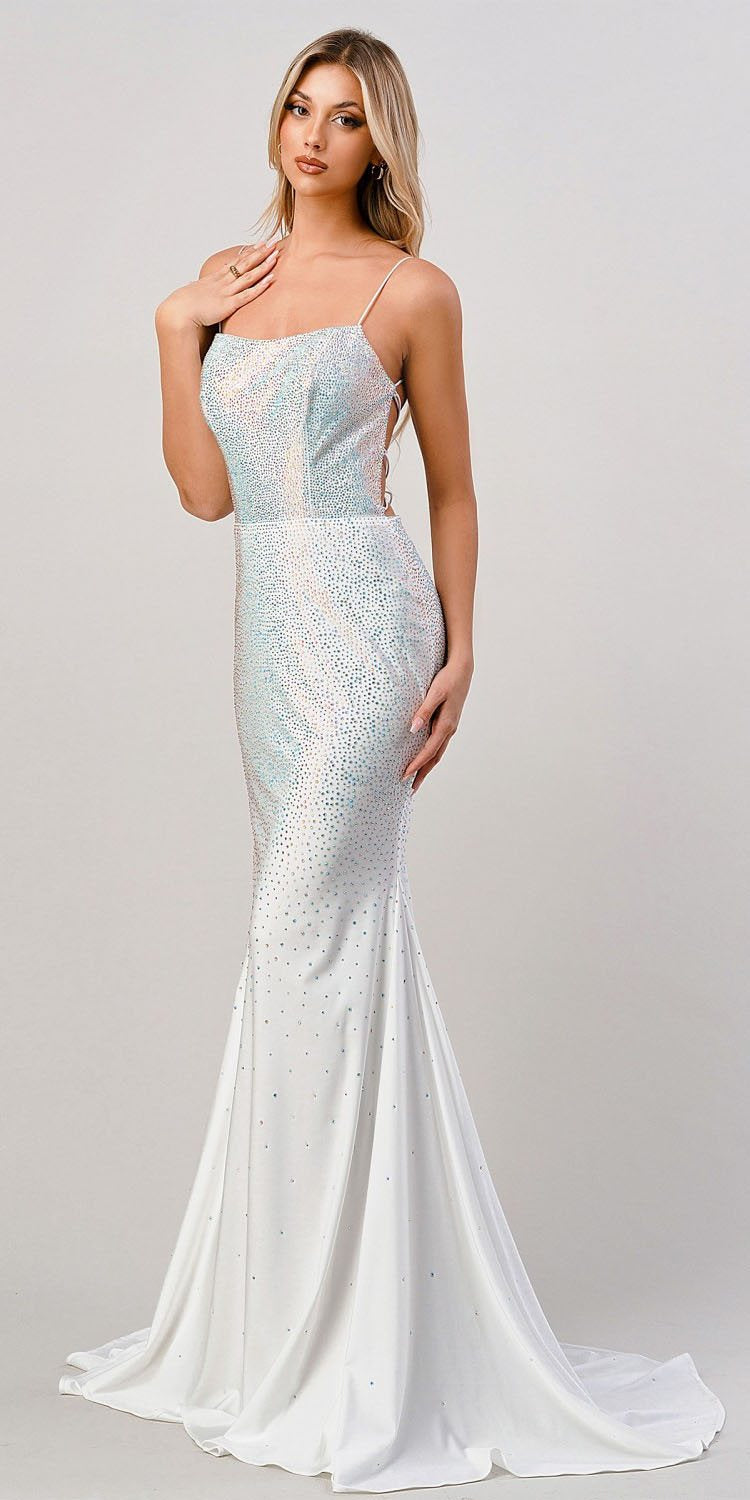 Long fitted formal dress in light blue with rhinestone sparkle and mermaid hem
