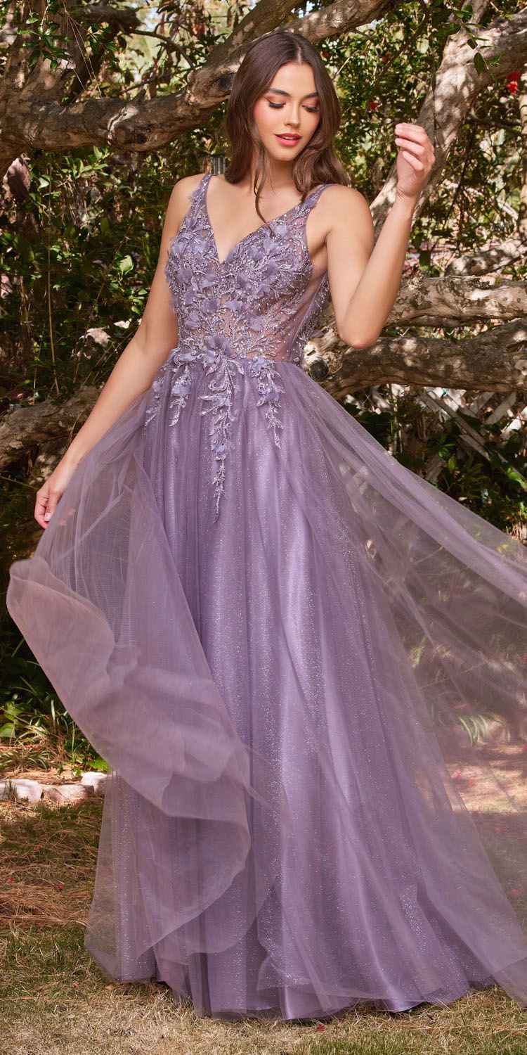 Lavender A-line tulle dress with V-neck and embroidered floral appliques