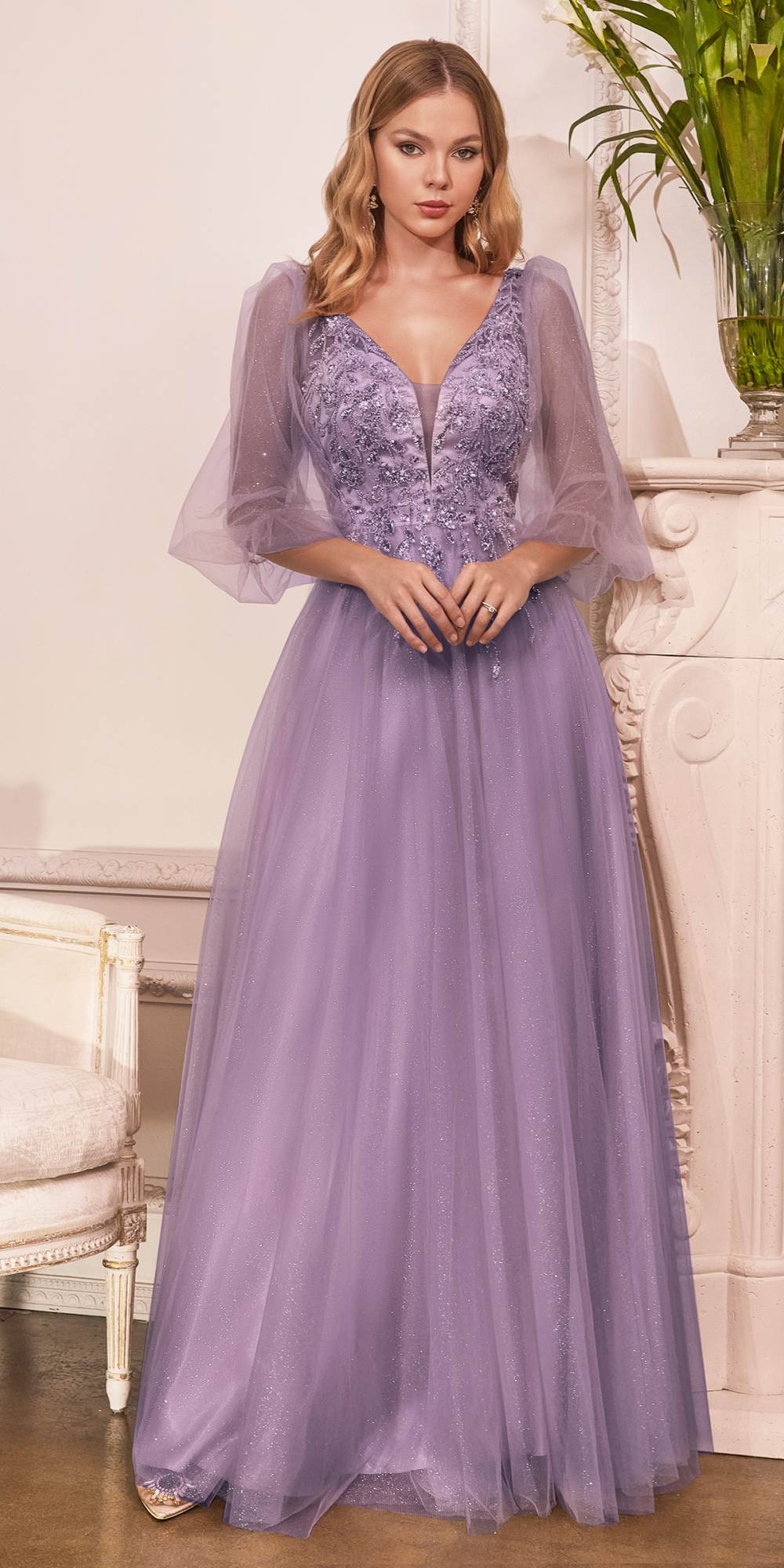 Lavender glitter tulle A-line formal dress, sheer sleeves, V-neck bodice