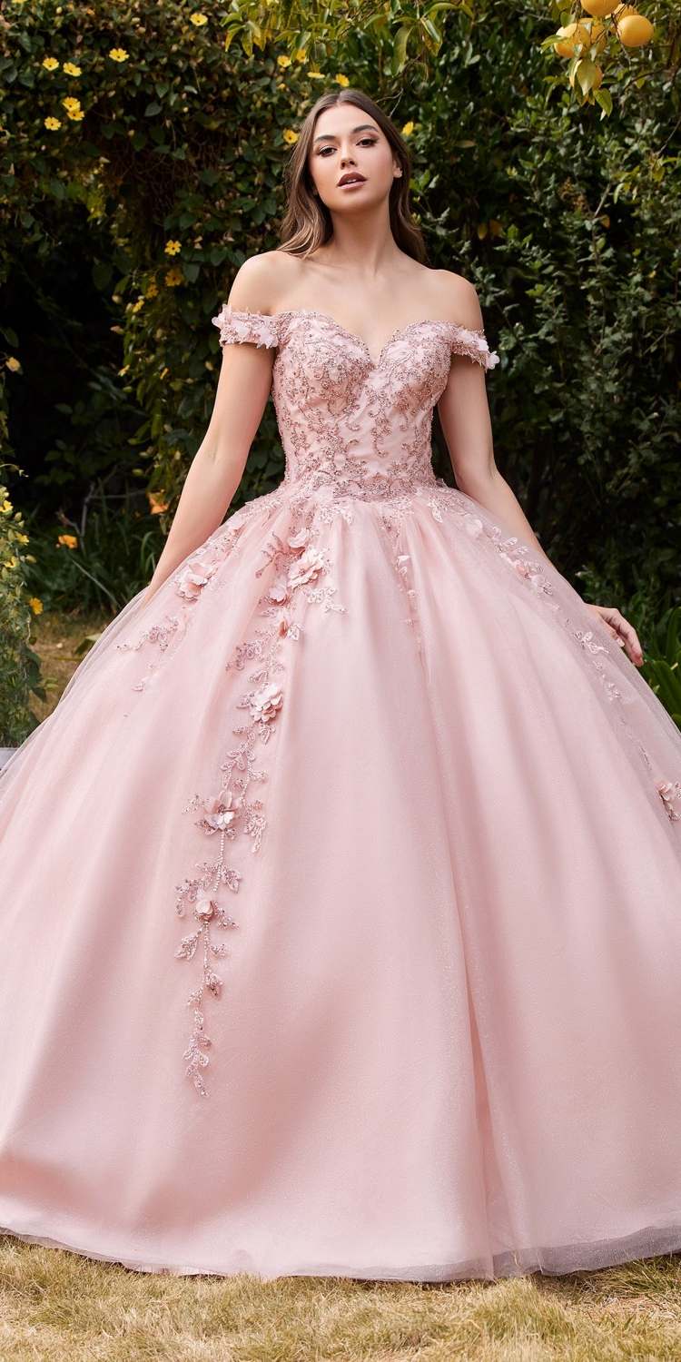 Off-shoulder layered tulle ball gown in blush pink with embroidered bodice and skirt