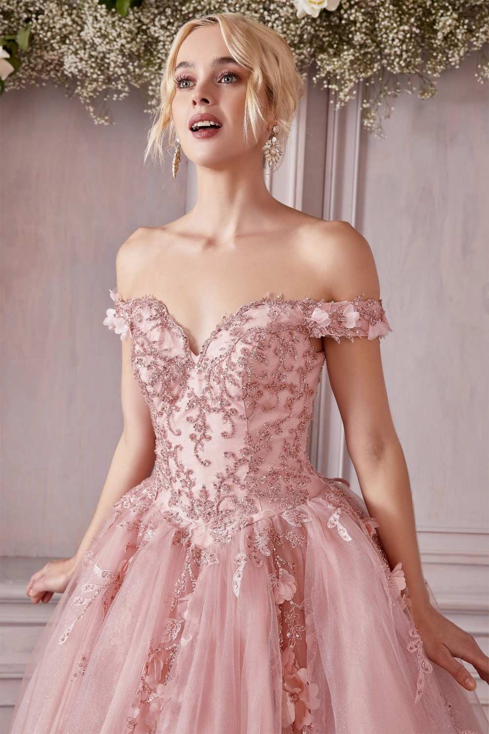 Off-shoulder layered tulle ball gown in blush pink with off-shoulder lace bodice