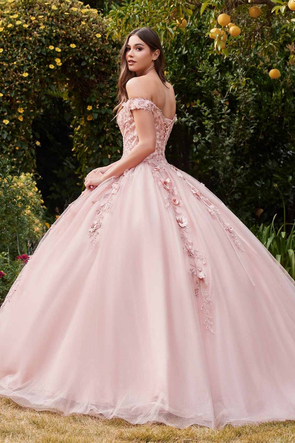 Off-shoulder layered tulle ball gown in blush pink with floral applique trim
