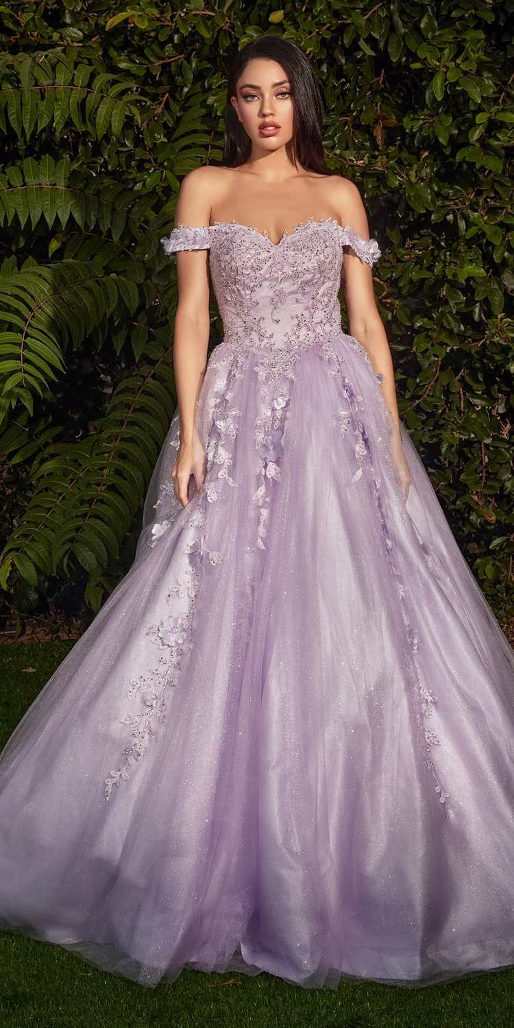 Off-shoulder layered tulle ball gown in lavender with embroidered bodice and tulle skirt