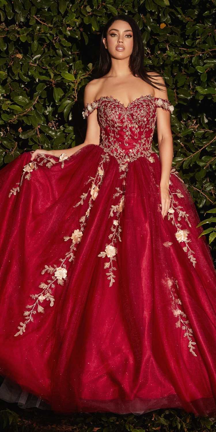 Off-shoulder layered tulle ball gown in burgundy with gold embroidered floral details