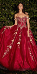 Off-shoulder layered tulle ball gown in burgundy with gold embroidered floral details
