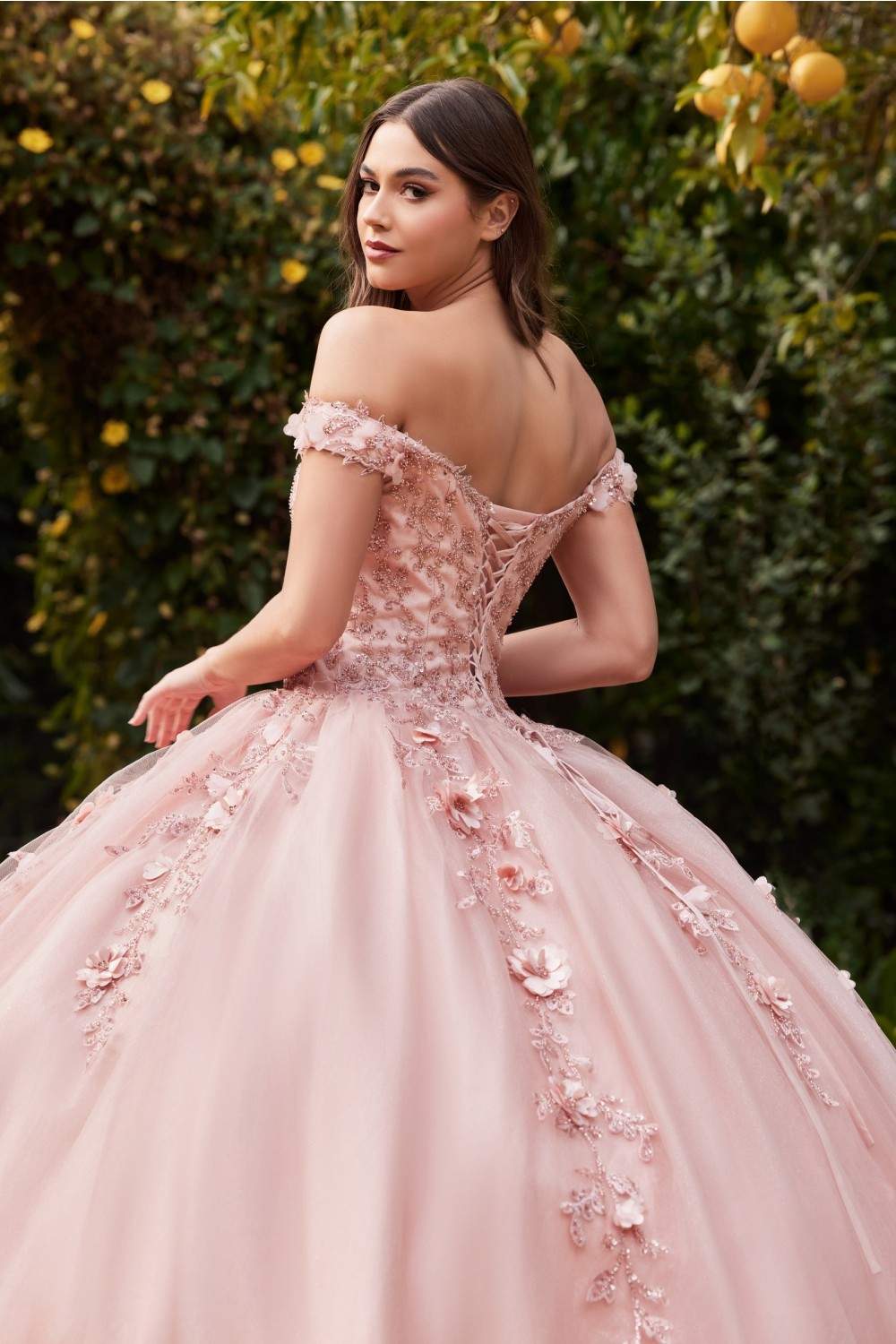 Off-shoulder layered tulle ball gown in blush pink with lace-up open back and appliques