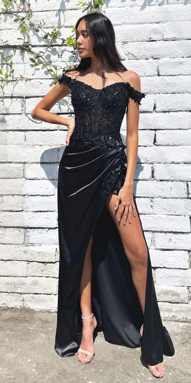 Black off-shoulder sequin gown with ruffled sleeves and side thigh slit