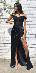 Black off-shoulder sequin gown with ruffled sleeves and side thigh slit
