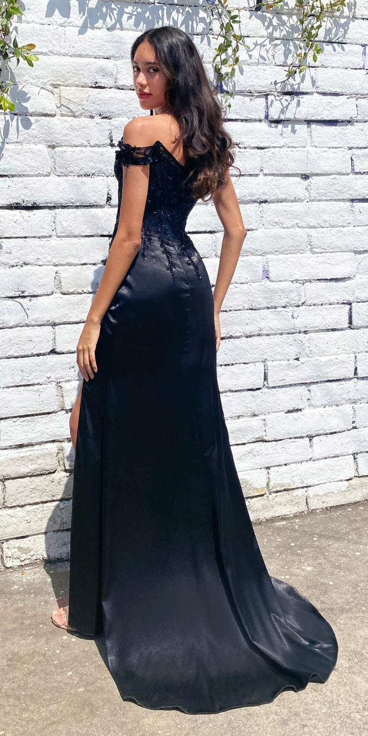 Black off-shoulder long gown with beaded bodice and front thigh-high slit