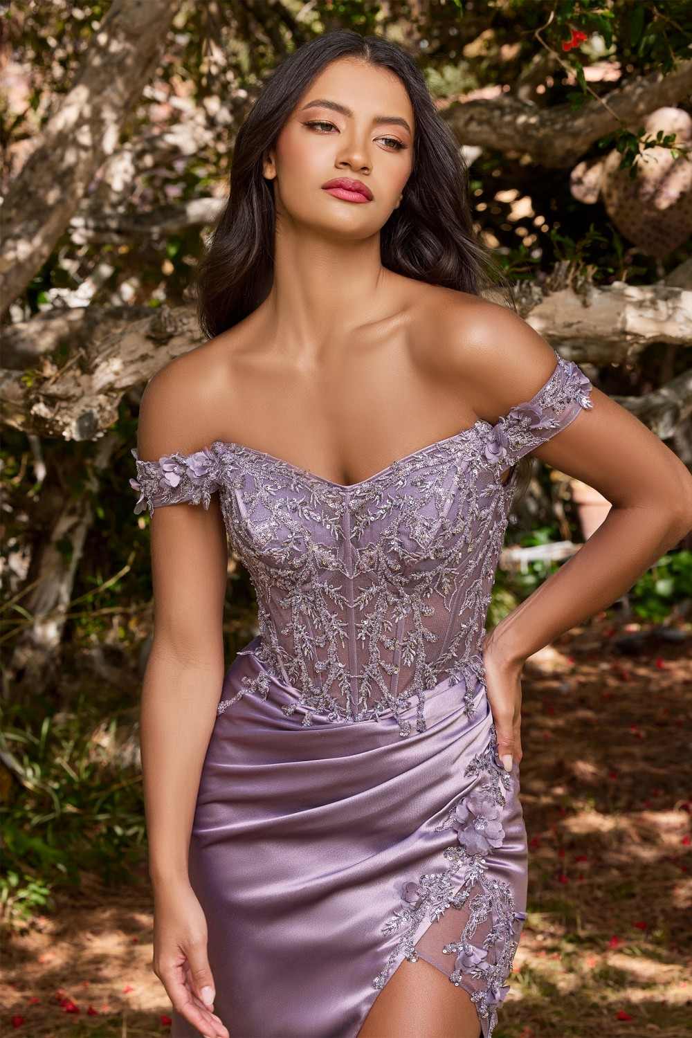 Lilac off-shoulder lace gown with floral embroidery and side thigh slit