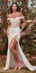 Off-shoulder long lace corset gown in off white with thigh slit and train