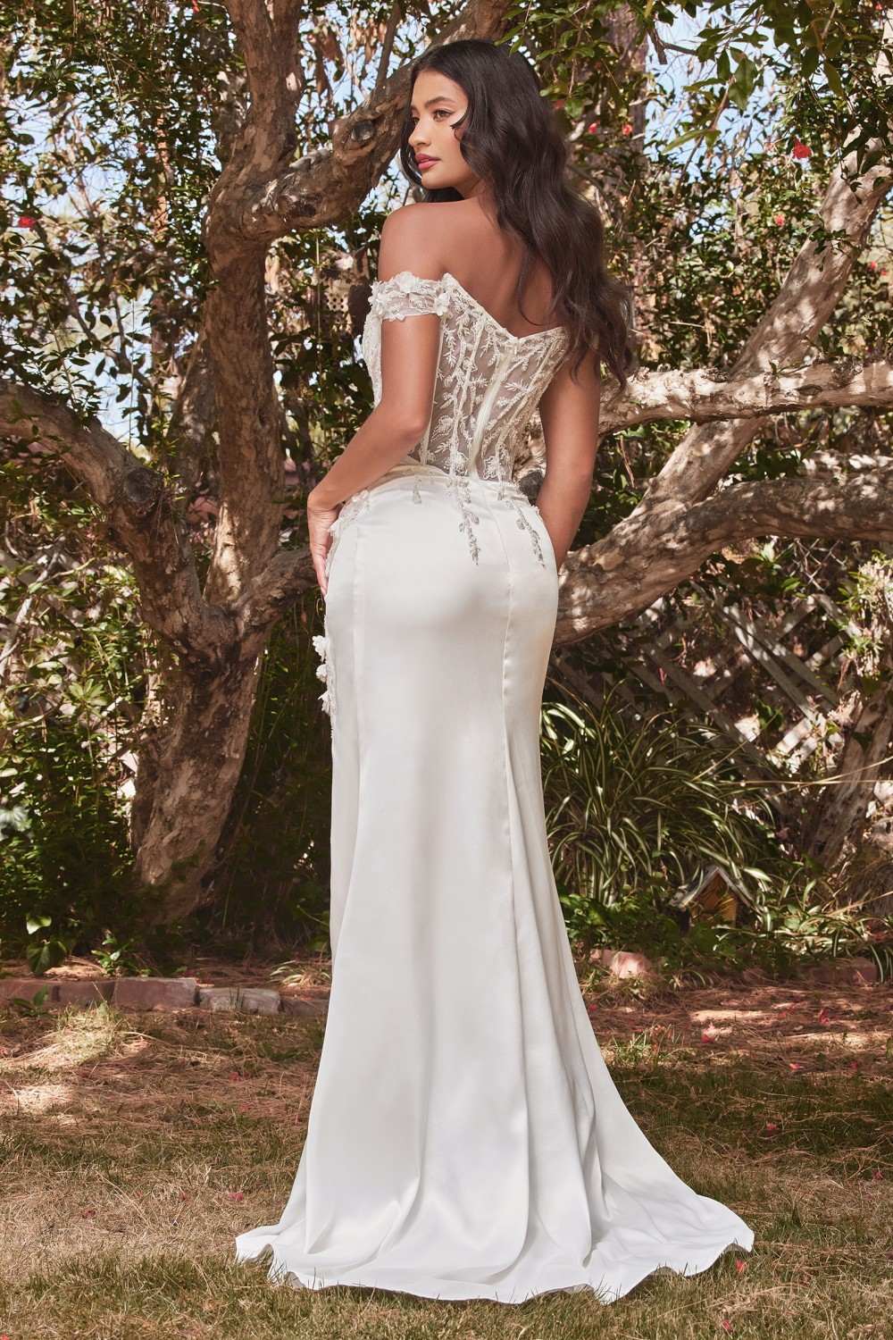 Off-white off-shoulder lace corset long gown with side slit and flowing train