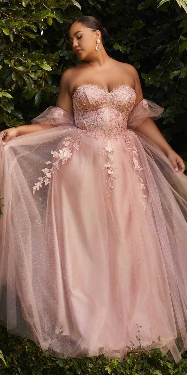 Light pink strapless corset ballgown with sheer off-shoulder sleeves and floral embroidery