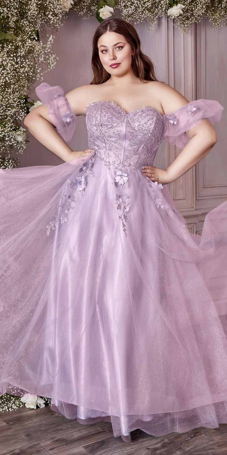 Lavender strapless corset tulle gown with floral appliques and sheer off-shoulder sleeves