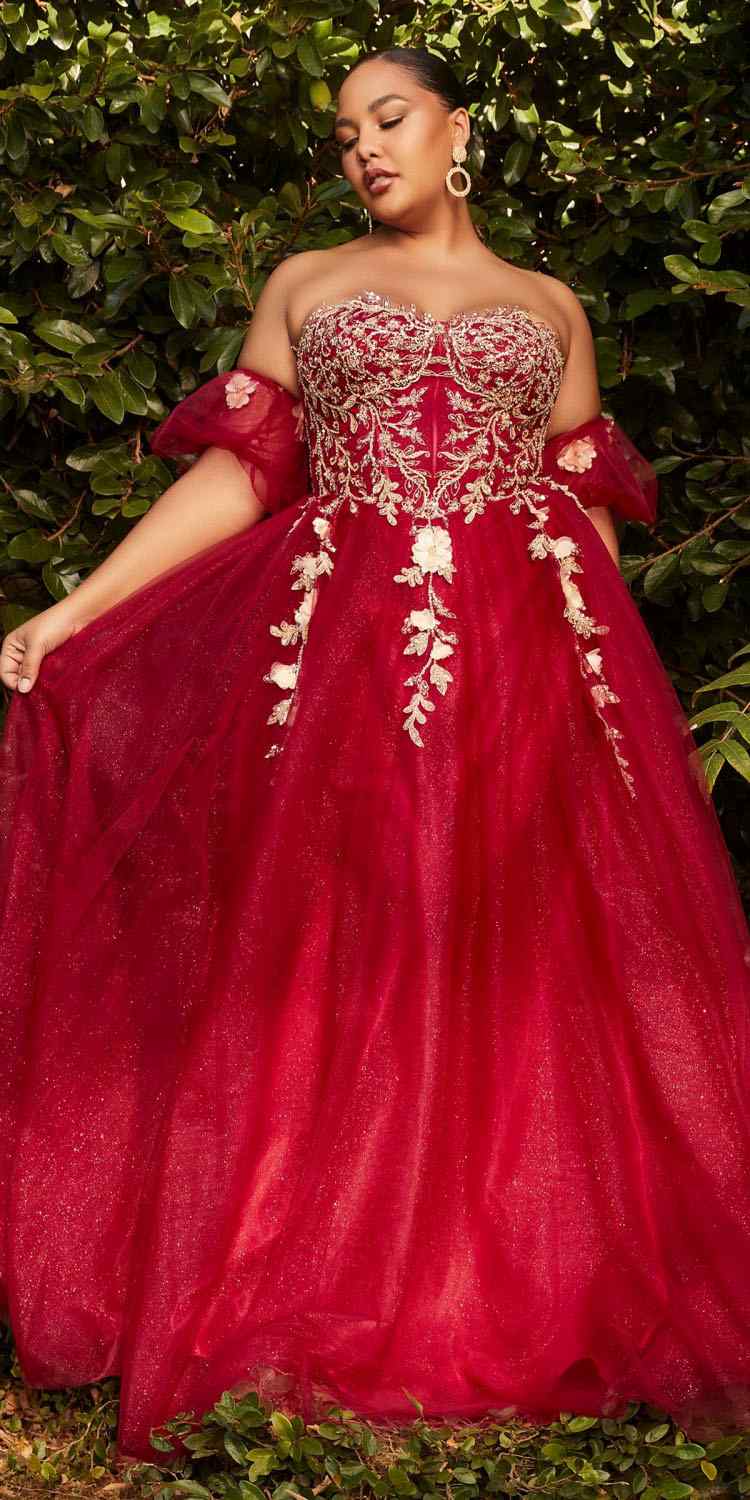 Deep red strapless corset gown with floral embroidery and sheer off-shoulder sleeves