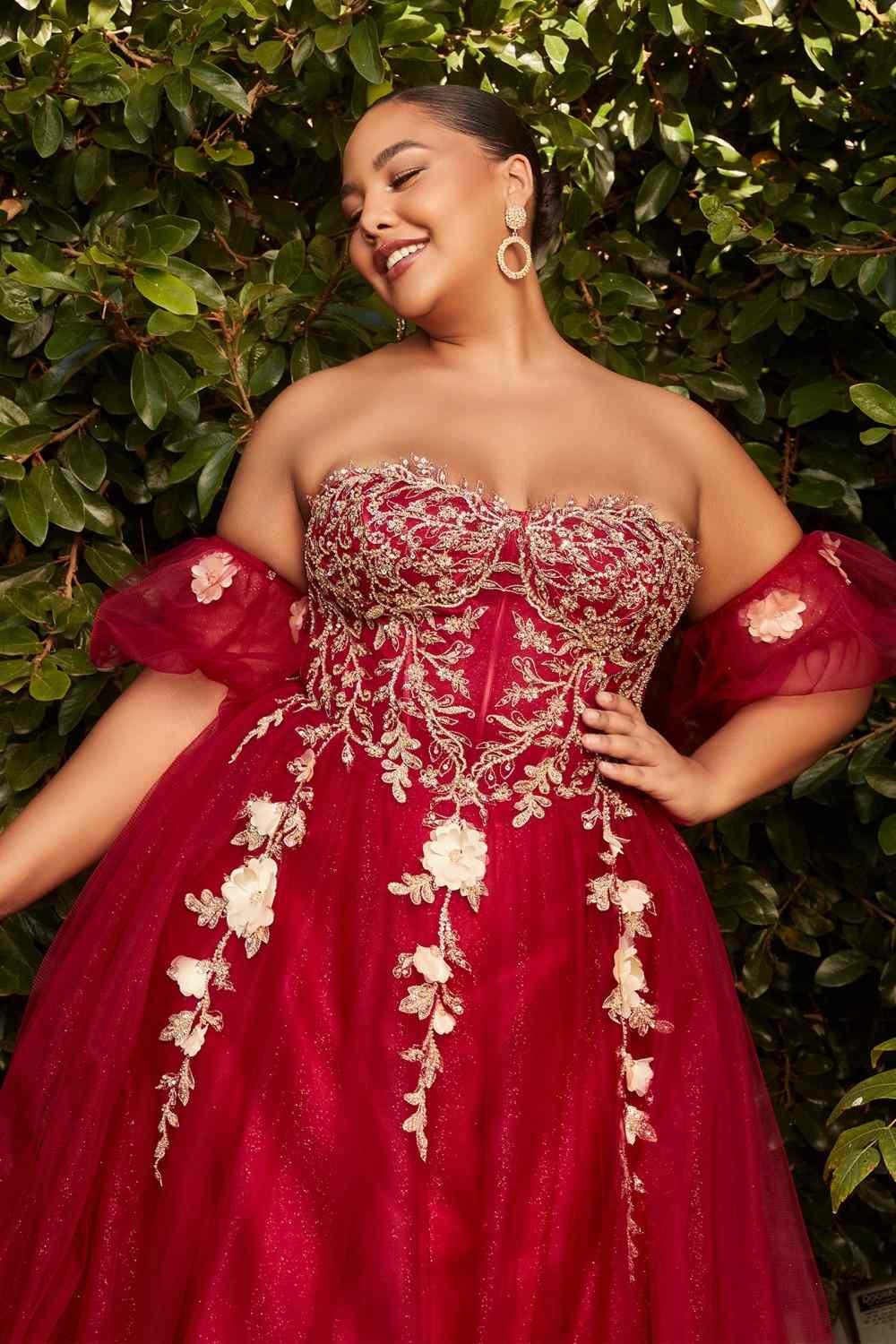 Red strapless corset ballgown with floral embroidery and sheer off-shoulder tulle sleeves