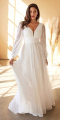 Off-white long-sleeve A-line chiffon dress, V-neck bodice and gathered waist