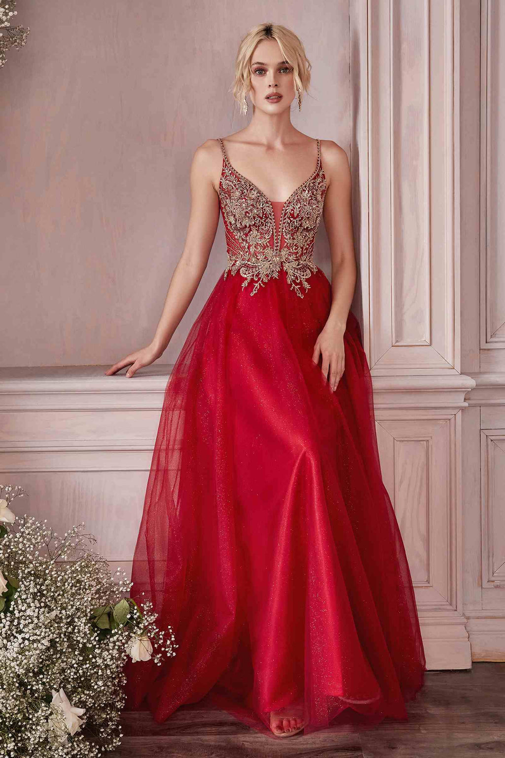 Burgundy A-line tulle gown with gold beaded corset bodice and thin spaghetti straps