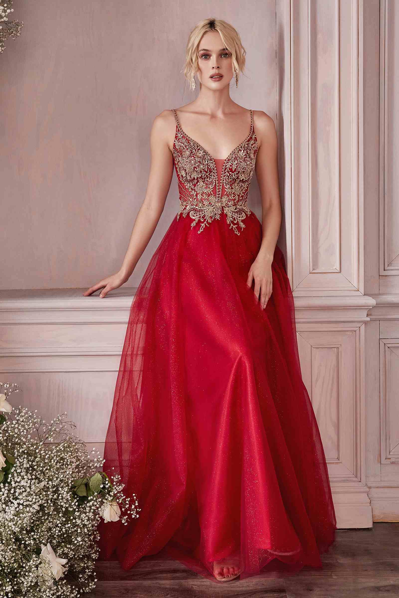 Burgundy A-line tulle gown with gold beaded corset bodice and thin spaghetti straps