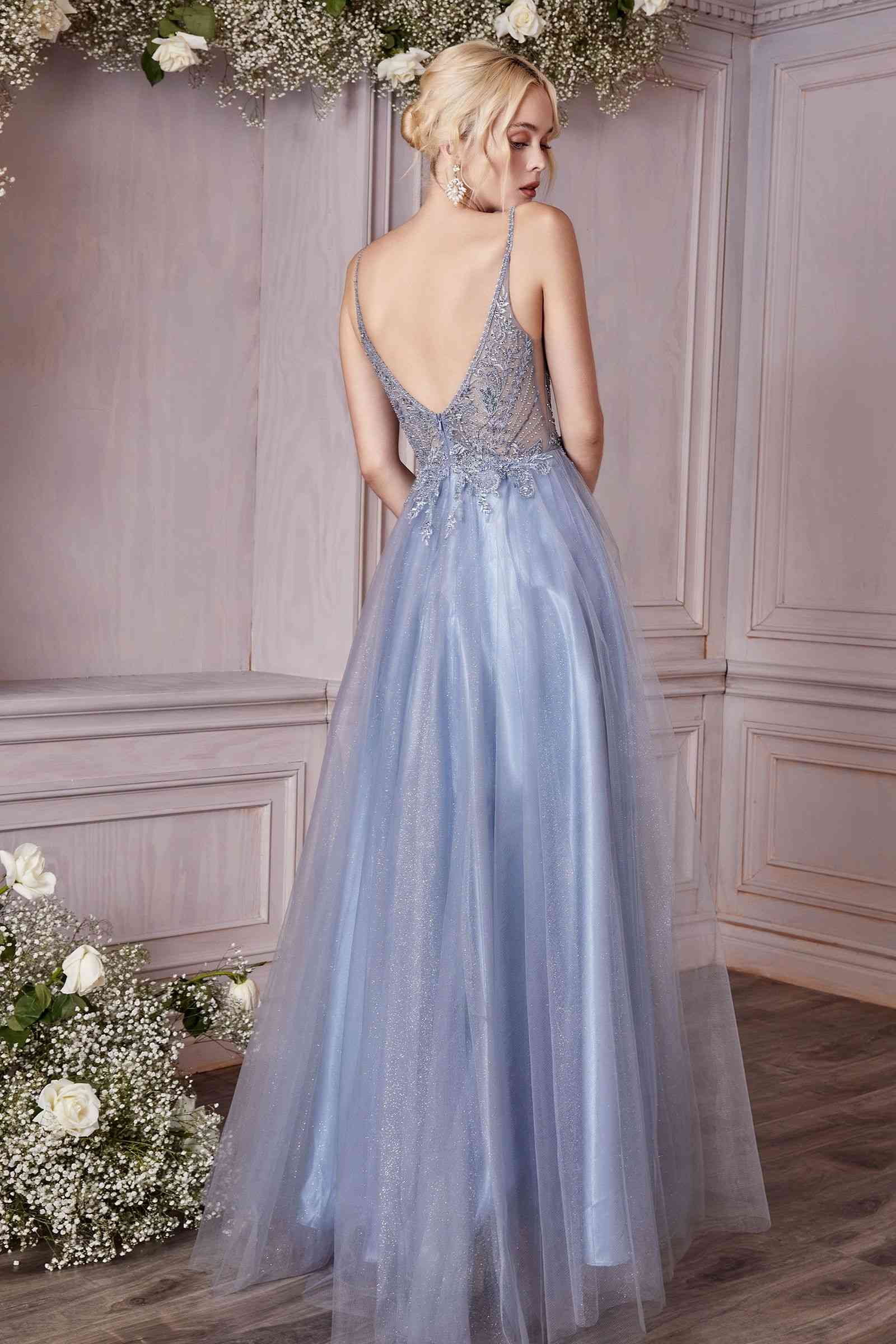 Powder blue A-line tulle gown with open-back V straps and layered skirt