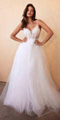 Off-white layered tulle A-line bridal gown with V-neck lace bodice and spaghetti straps