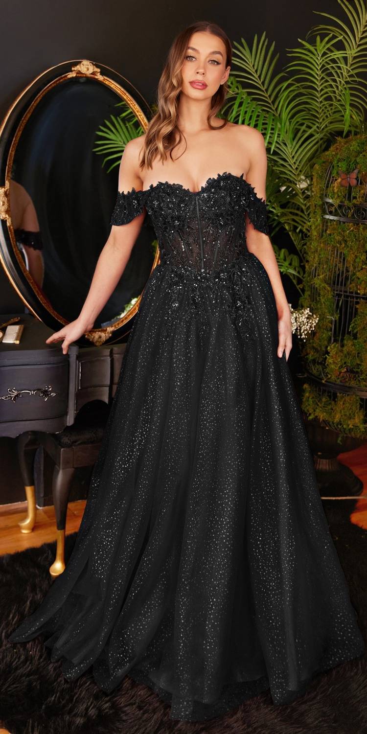 Black long off-shoulder lace A-line gown with corset bodice and full skirt