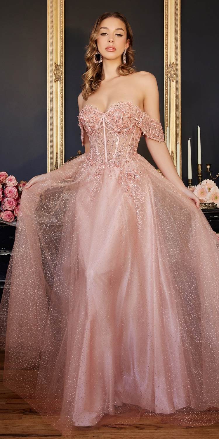 Blush pink long lace A-line gown with off-shoulder sleeves and corset bodice