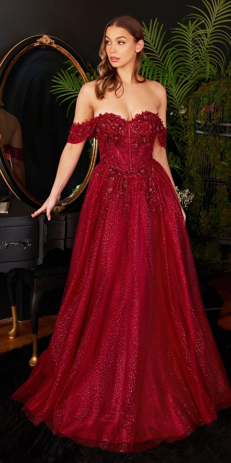 Red long lace A-line gown with off-shoulder neckline and fitted corset bodice