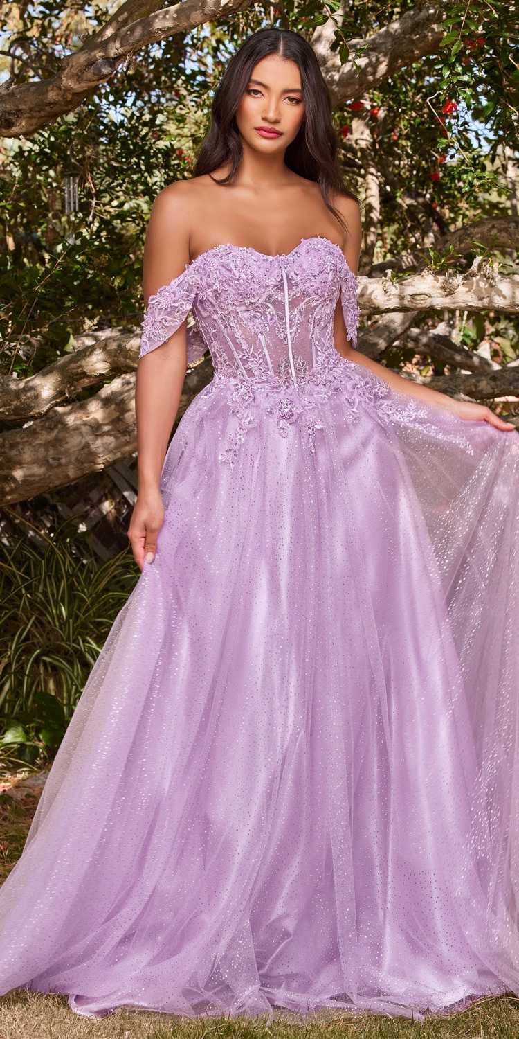 Mauve long lace A-line gown with off-shoulder sleeves