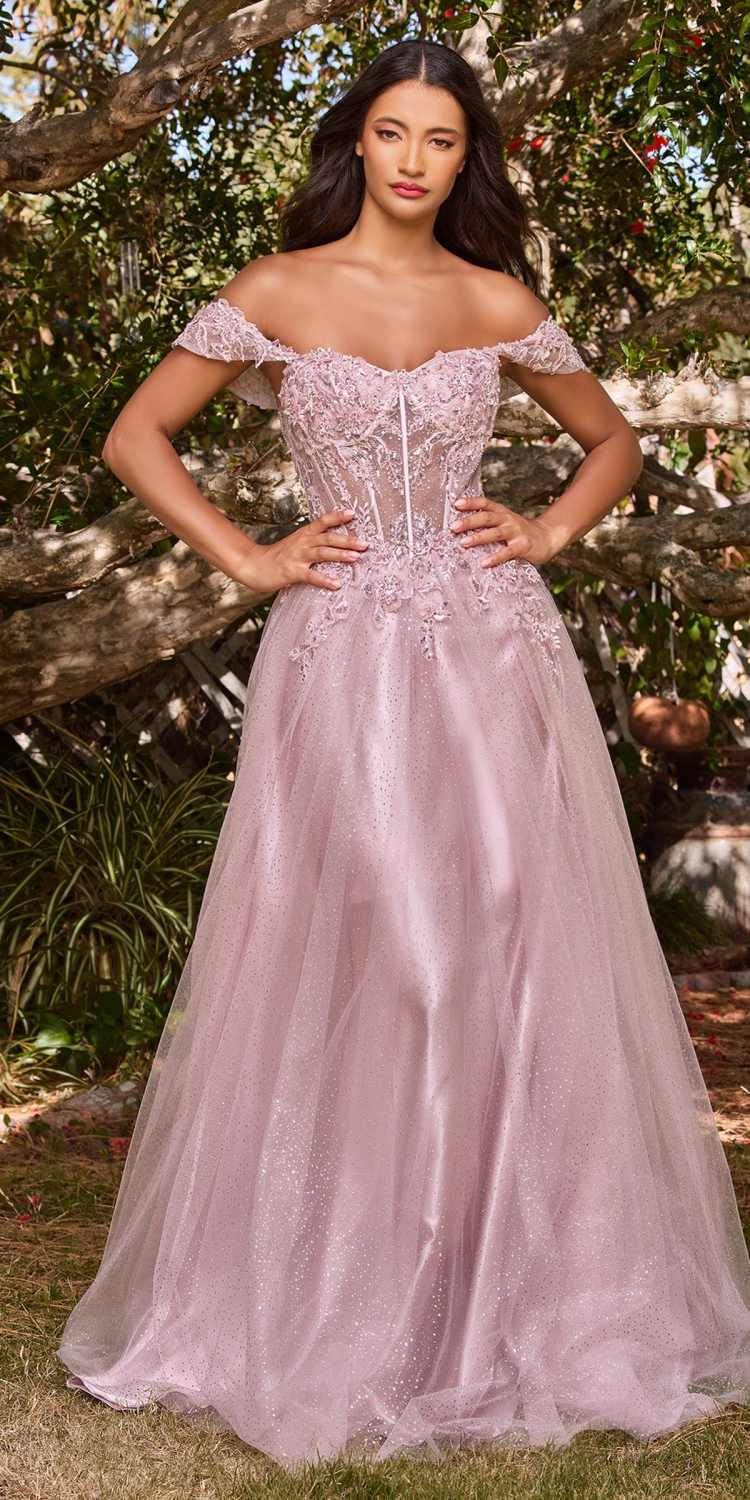 Mauve long lace A-line gown with off-shoulder sleeves and corset bodice