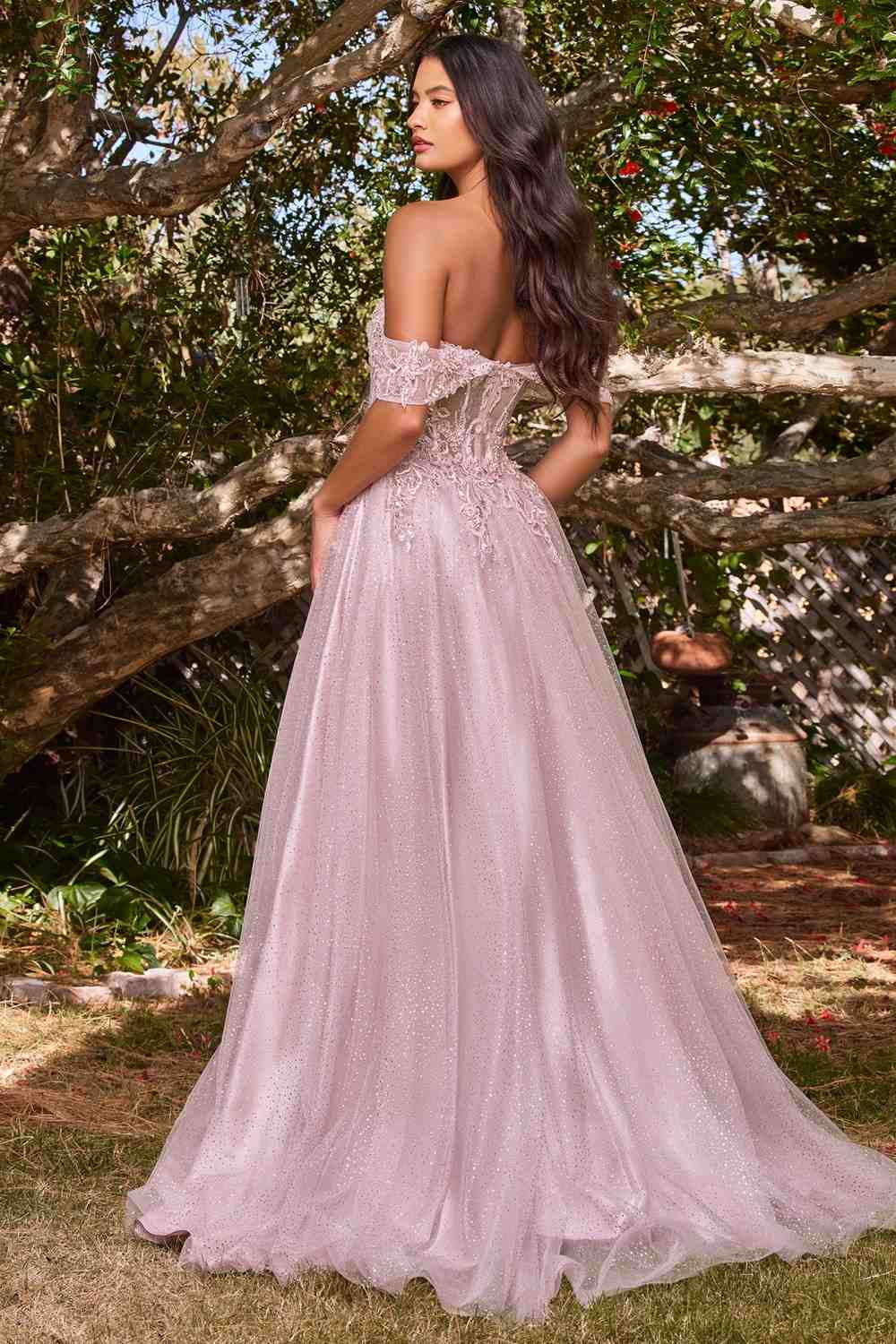 Mauve long lace A-line gown, off-shoulder sleeves, corset-style bodice