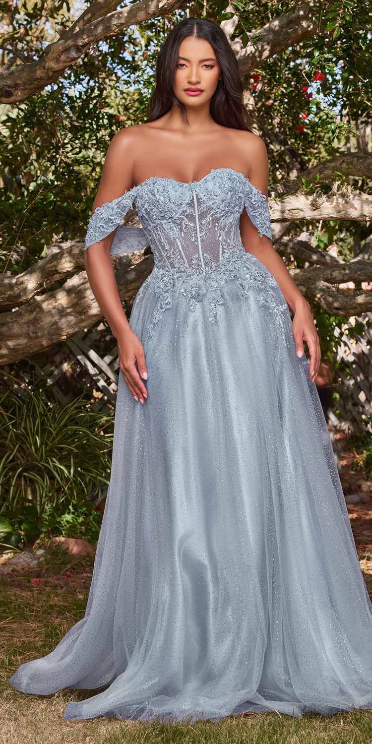 Light blue long lace A-line gown with off-shoulder neckline and corset bodice