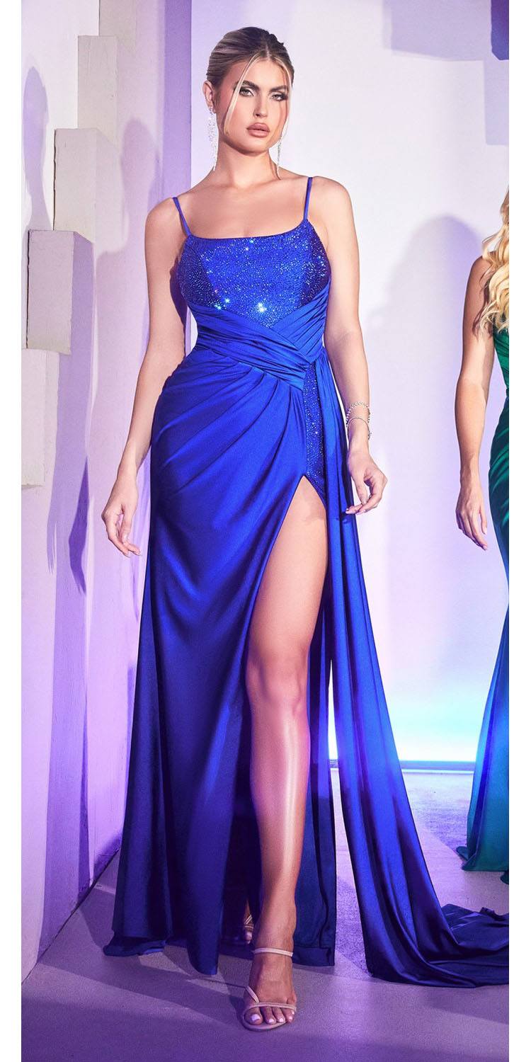 Royal blue long draped gown with slit and rhinestone spaghetti straps