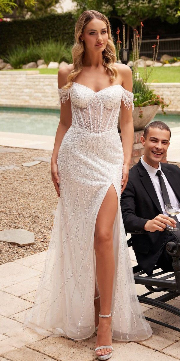 Off-white sequin off-shoulder wedding gown with thigh slit