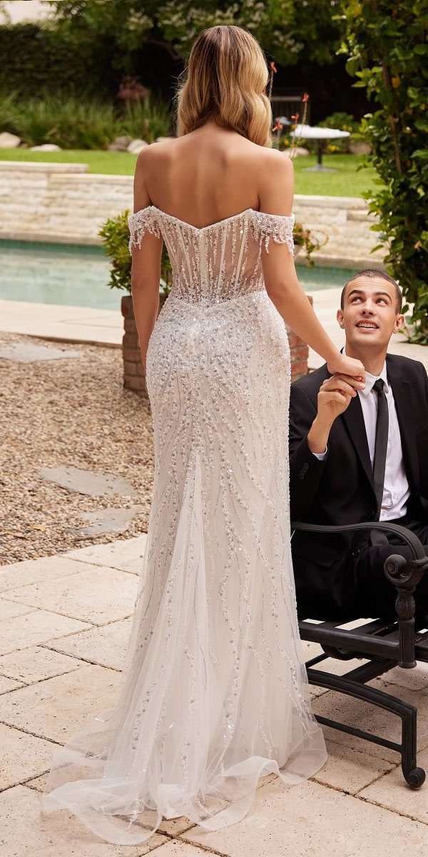 Off-white sequined backless off-shoulder wedding gown, long train
