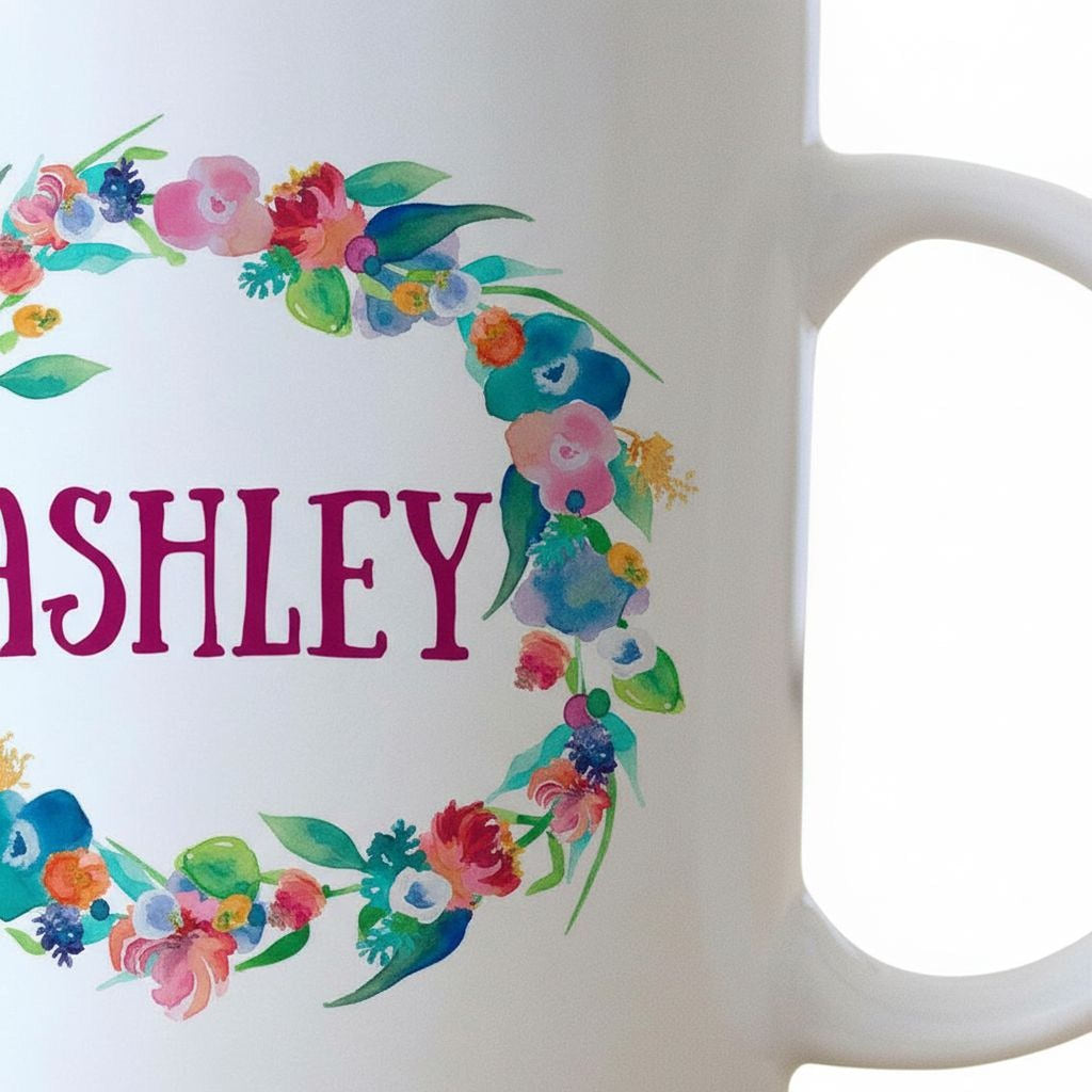 Close-up of white mug showing "ASHLEY" text inside a colorful floral wreath
