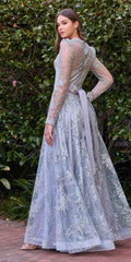Smokey blue long-sleeve embellished ball gown with fitted waist and flared lace skirt