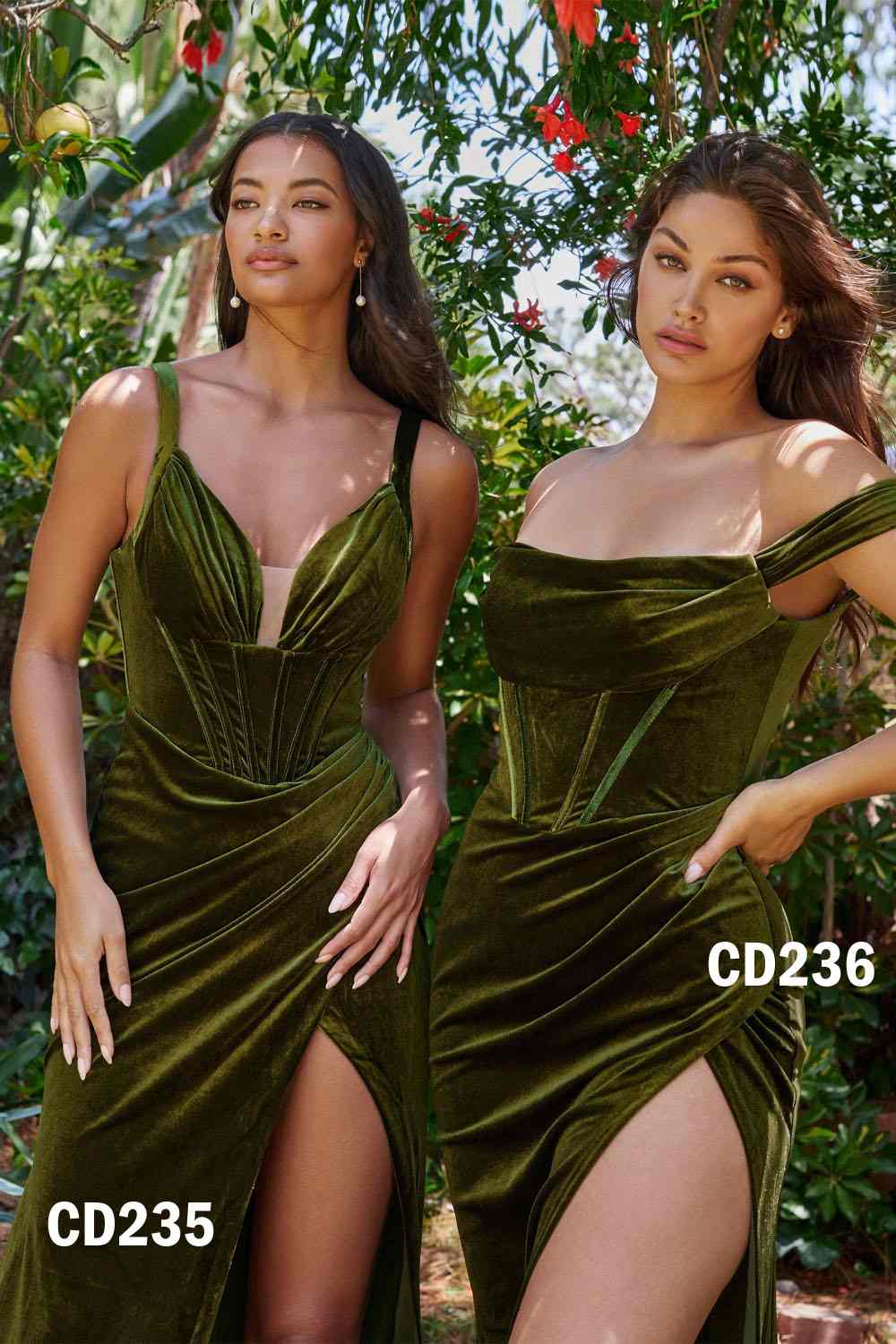 Long off-shoulder corset gown in deep olive satin with ruched neckline and side slit