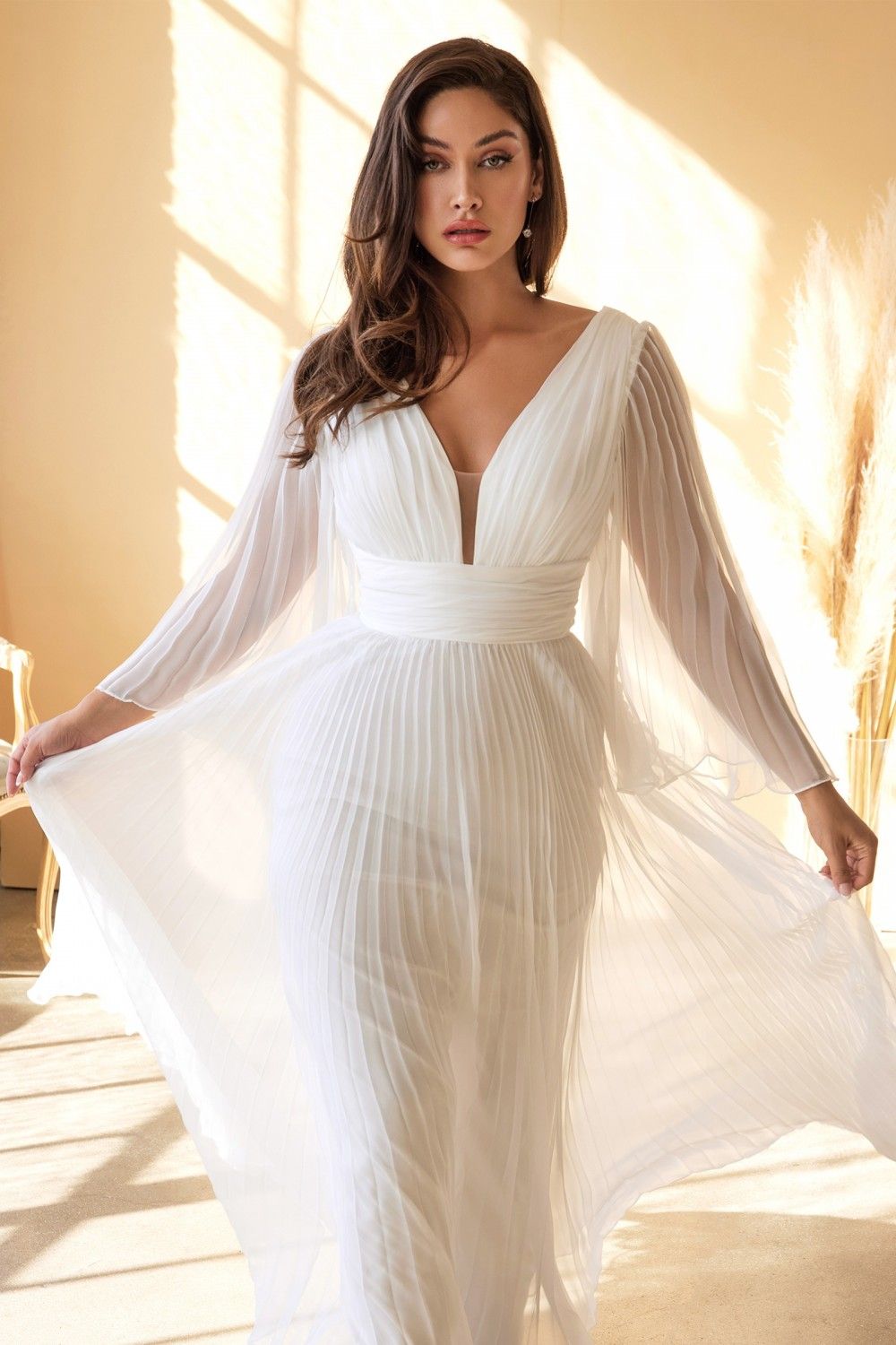 Off-white pleated chiffon maxi gown with fitted waist, V-neck, long sheer sleeves