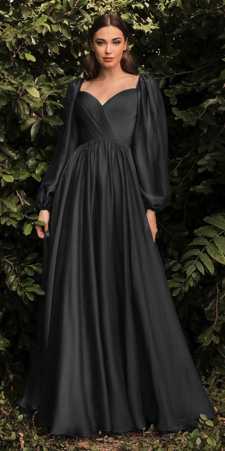Black long-sleeve A-line evening dress with square neckline and gathered bodice