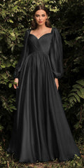 Black long-sleeve A-line evening dress with square neckline and gathered bodice