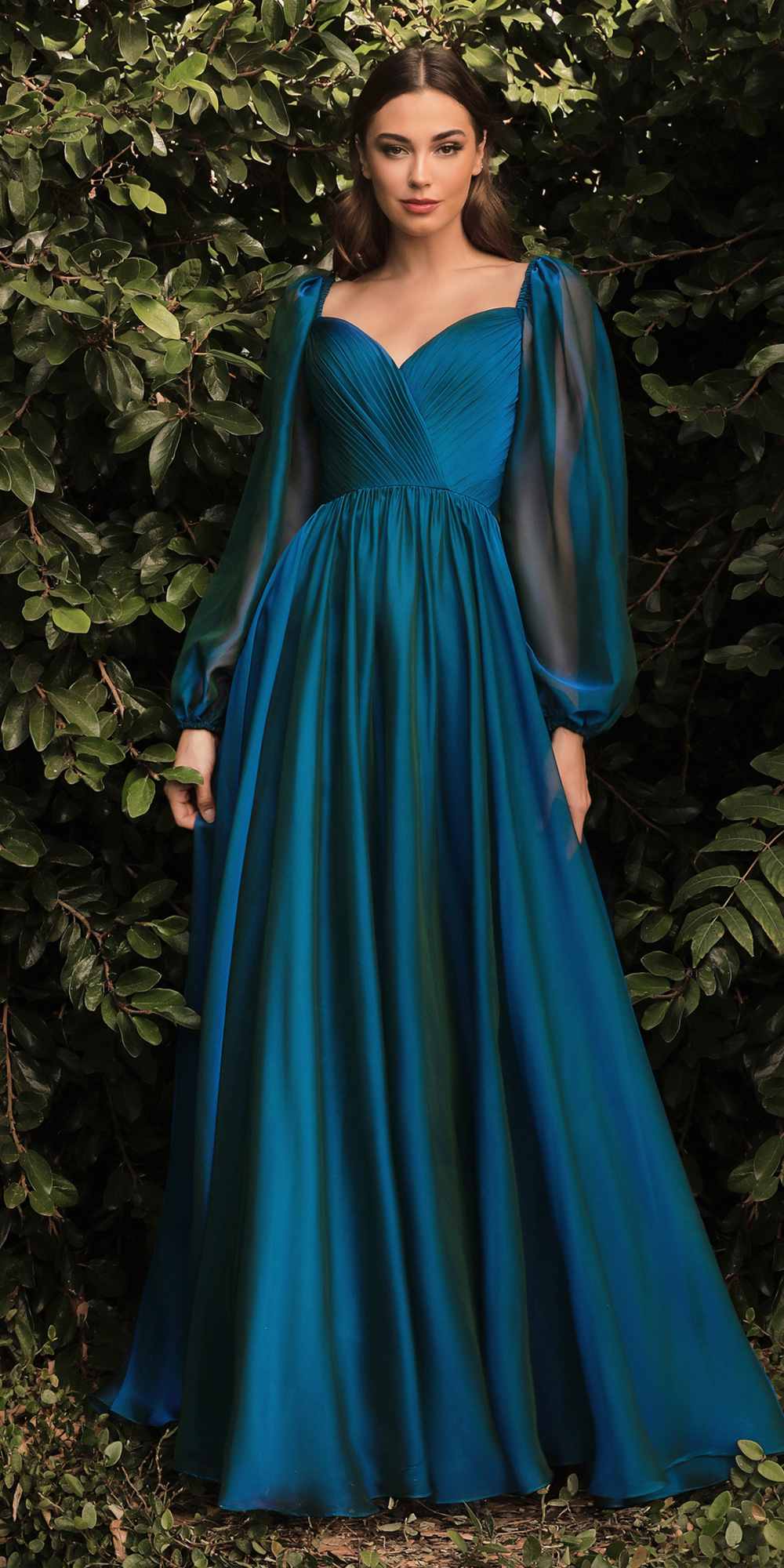 Long-sleeve A-line dress, teal with V-neck and draped puff sleeves