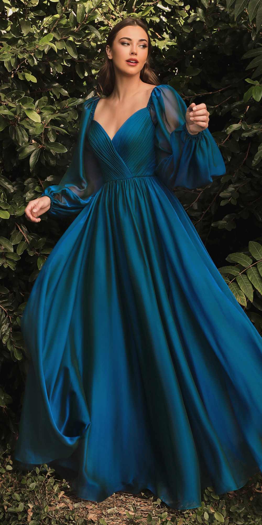 Long-sleeve A-line dress, teal V-neck with gathered waist and flowing A-line skirt